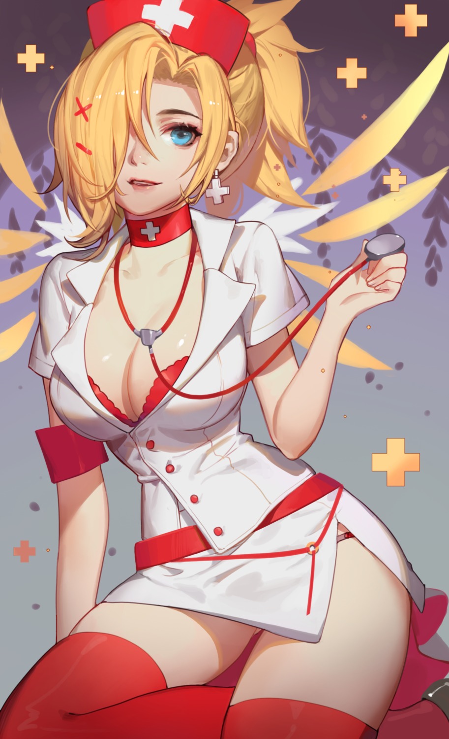 bra cleavage mercy_(overwatch) nurse open_shirt overwatch pantsu songjikyo thighhighs wings