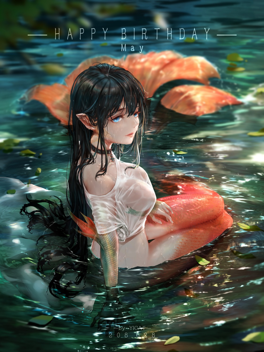 areola bottomless mermaid monster_girl no_bra see_through tail tattoo wet wet_clothes yi_cat yichang_shengwu_jianwenlu