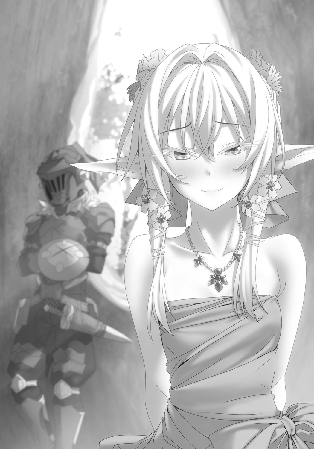 armor elf goblin_slayer goblin_slayer_(character) high_elf_archer kannatsuki_noboru monochrome pointy_ears sword