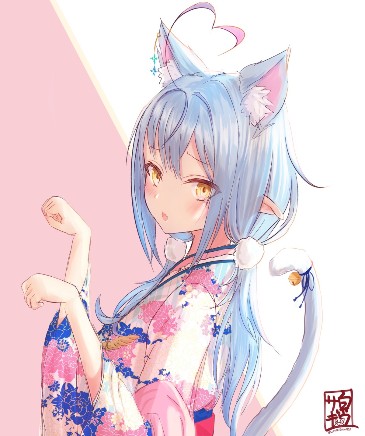 animal_ears elf hololive kimono nekomimi pointy_ears shirousagi_(sirousagi1998) sketch tail yukihana_lamy