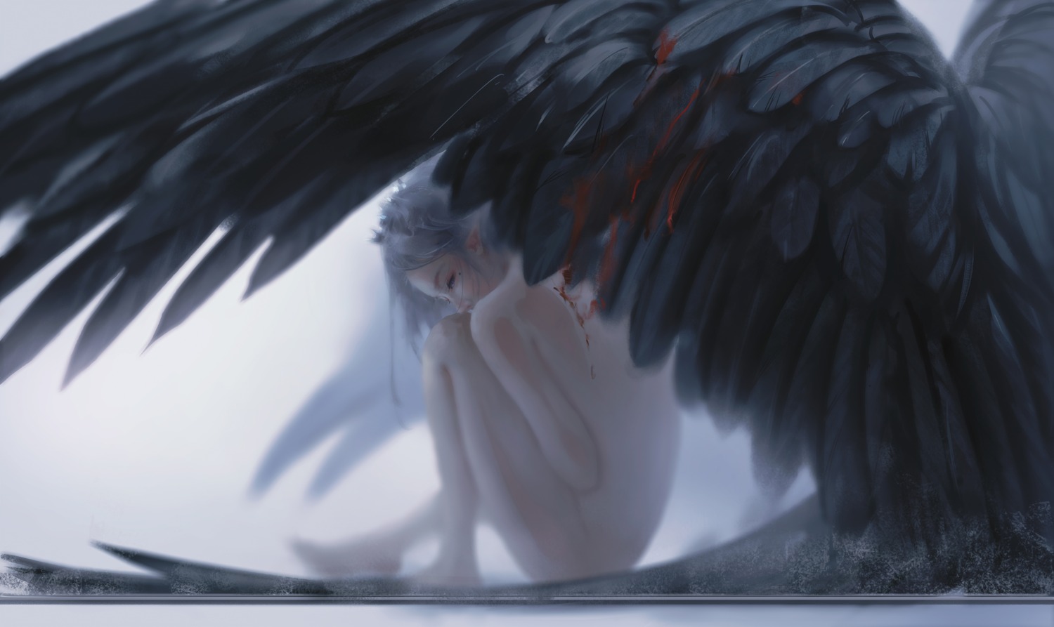 blood ghostblade naked pointy_ears wings wlop yan_haiqin