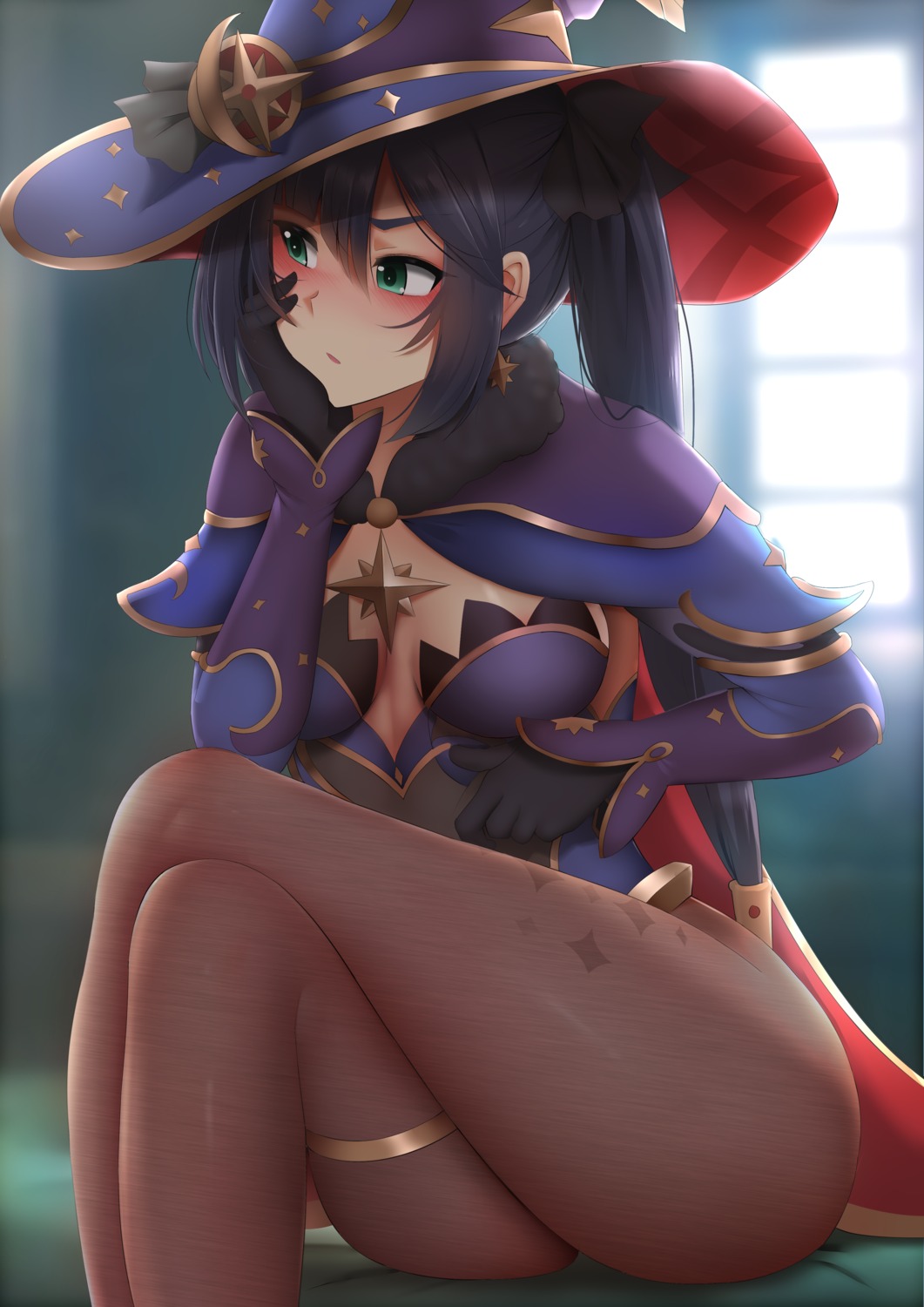 garter genshin_impact ginhaha leotard mona_megistus no_bra pantyhose witch