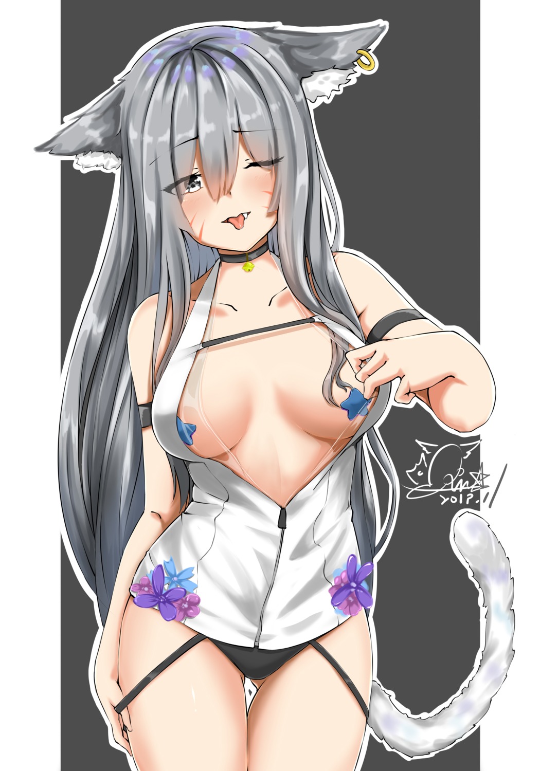 animal_ears breasts nekomimi no_bra open_shirt pasties qianxiaolin see_through tail