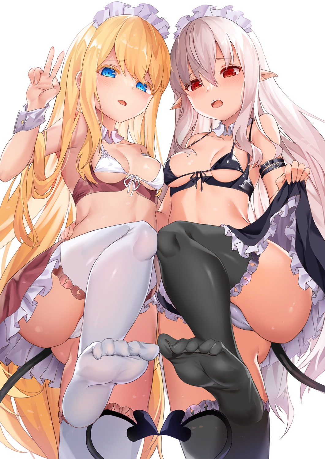 bra cameltoe deogho_(liujinzy9854) feet maid pantsu pointy_ears skirt_lift stockings tail thighhighs thong