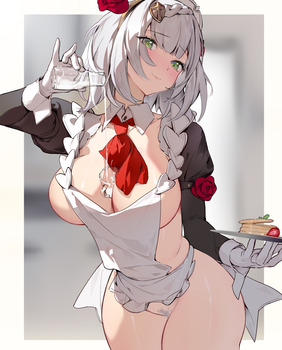 cream genshin_impact houkisei maid naked_apron noelle_(genshin_impact) pubic_hair