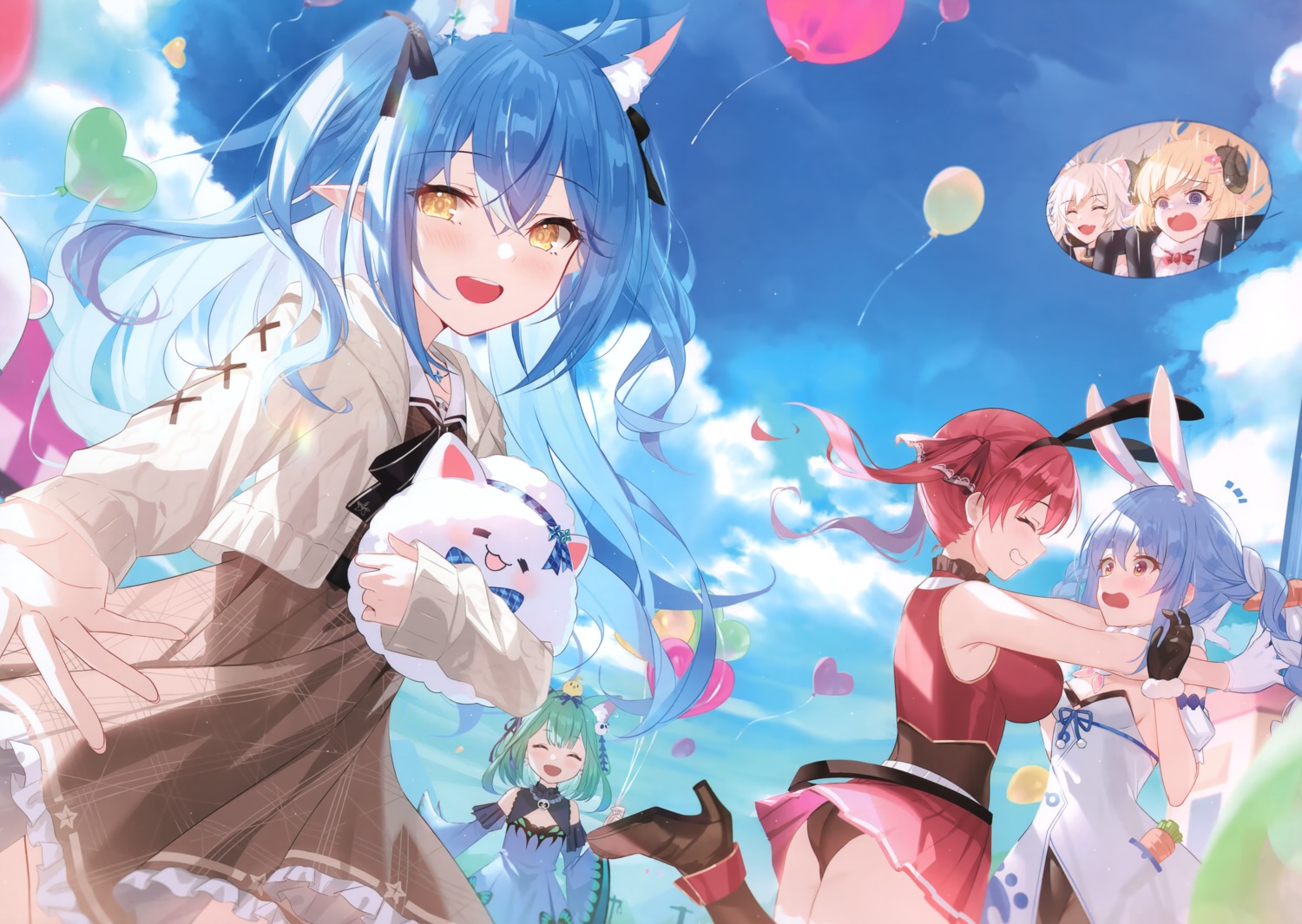 animal_ears ass black_fire bunny_ears daifuku_(yukihana_lamy) dress elf hololive horns houshou_marine nekomimi pointy_ears shishiro_botan skirt_lift tsunomaki_watame uruha_rushia usada_pekora yukihana_lamy yukimin_(yukihana_lamy)