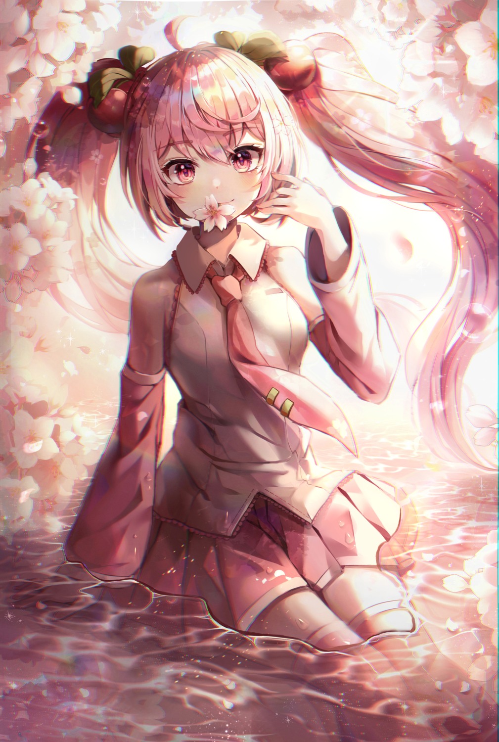 hatsune_miku mirage_(rairudiseu) sakura_miku thighhighs vocaloid wet