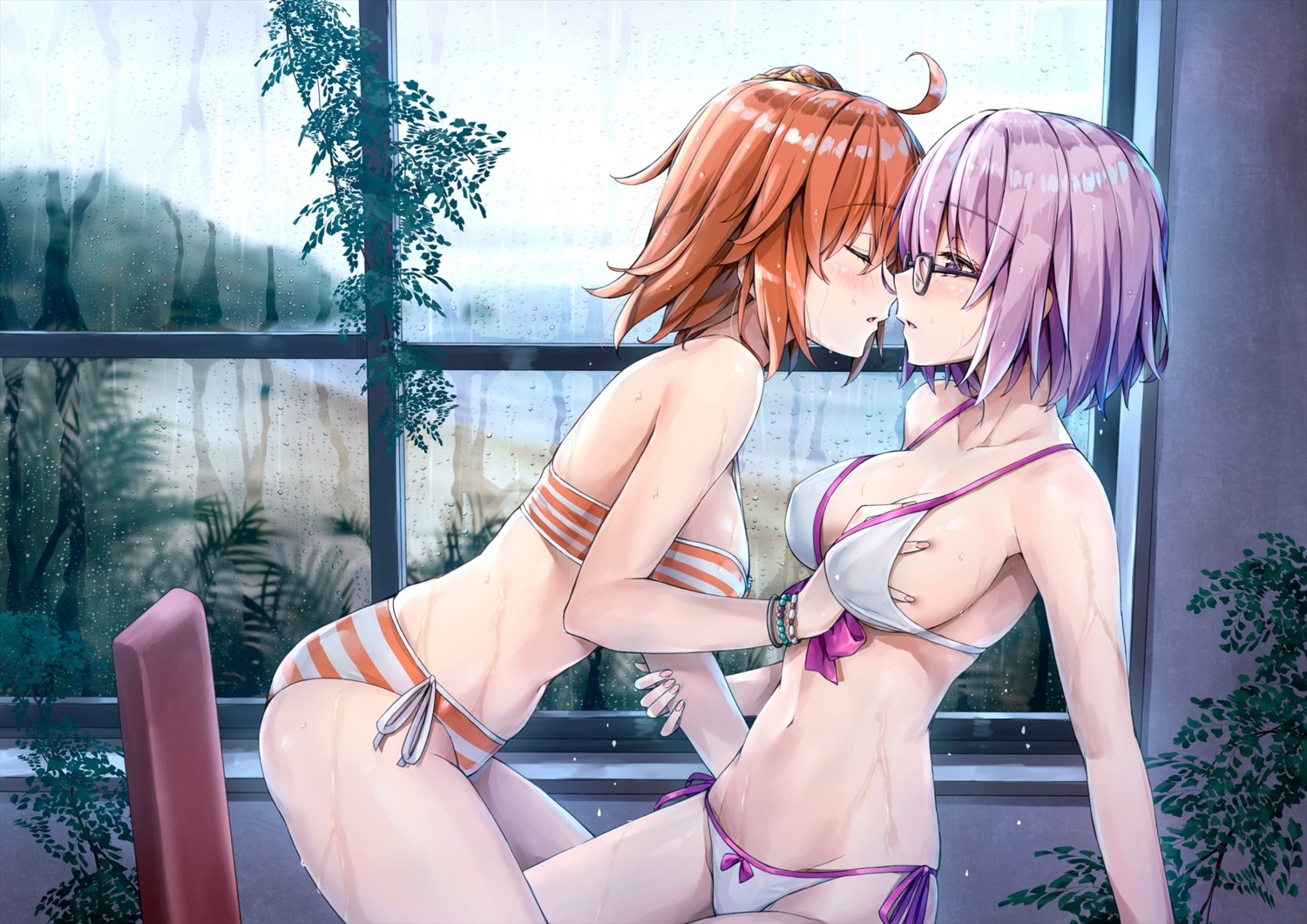 bikini breast_grab fate/grand_order fujimaru_ritsuka_(female) kotatsu_(kotatsu358) mash_kyrielight megane swimsuits wet yuri