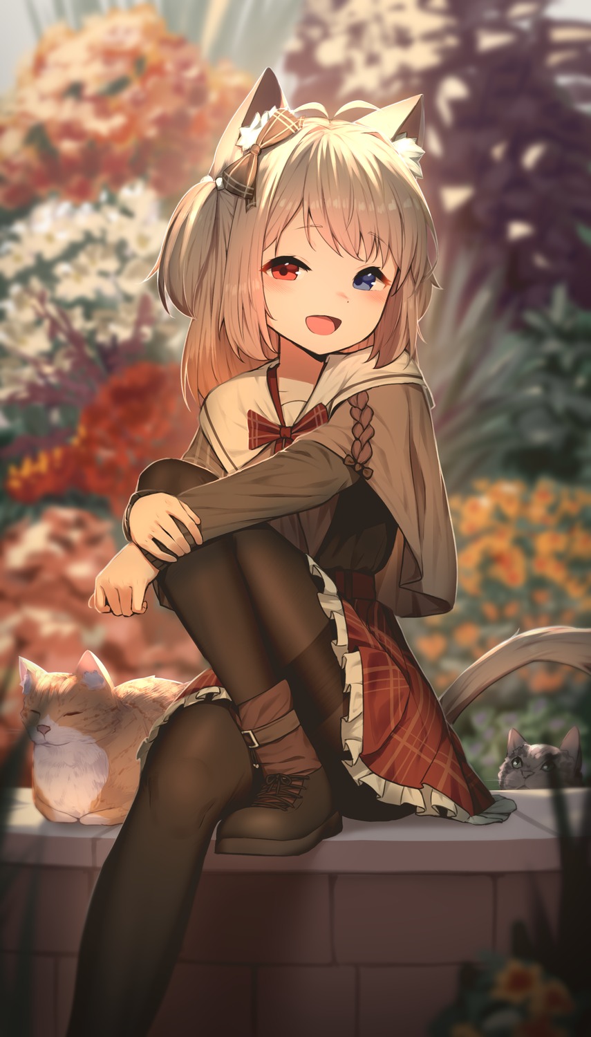 animal_ears heterochromia hoplitx neko nekomimi pantyhose seifuku skirt_lift tail