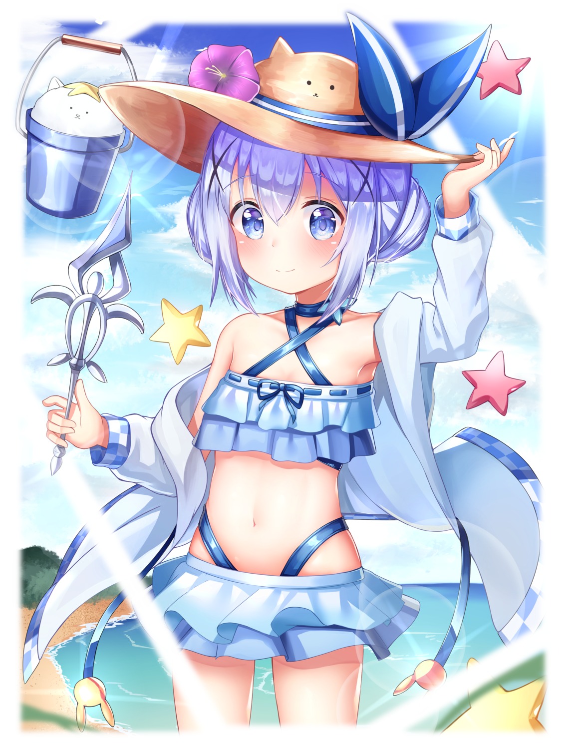 bikini gochuumon_wa_usagi_desu_ka? kafuu_chino mannack open_shirt swimsuits tippy_(gochiusa)