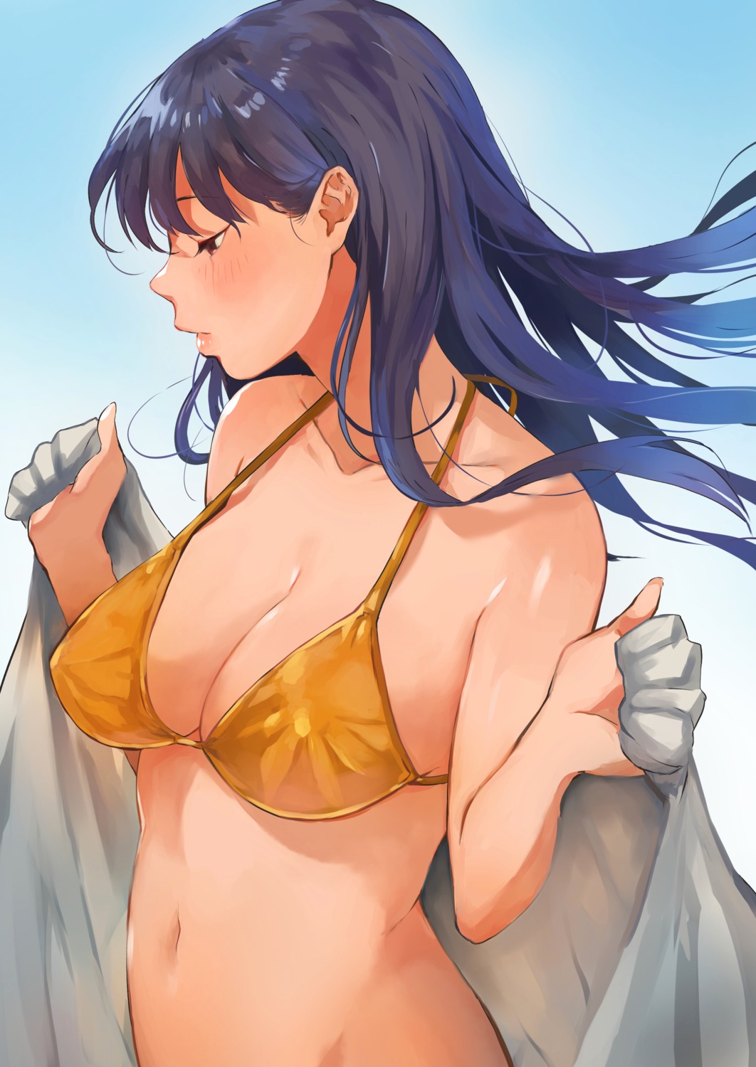 bikini_top bottomless cleavage doushimasho swimsuits towel