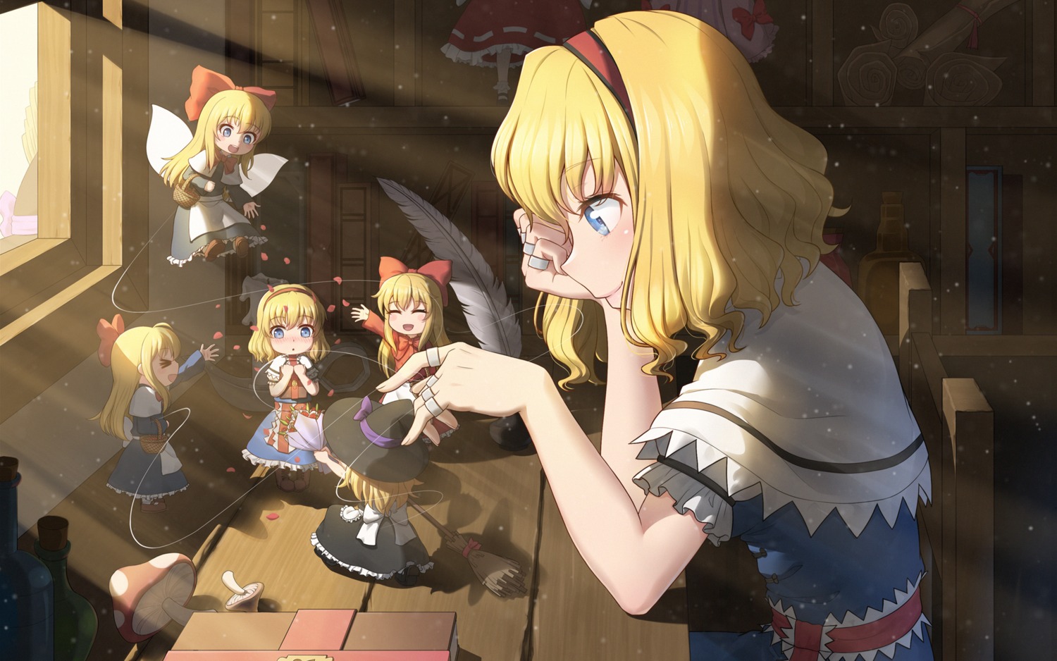 alice_margatroid anarchojs chibi dress kirisame_marisa shanghai_doll touhou wallpaper wings witch