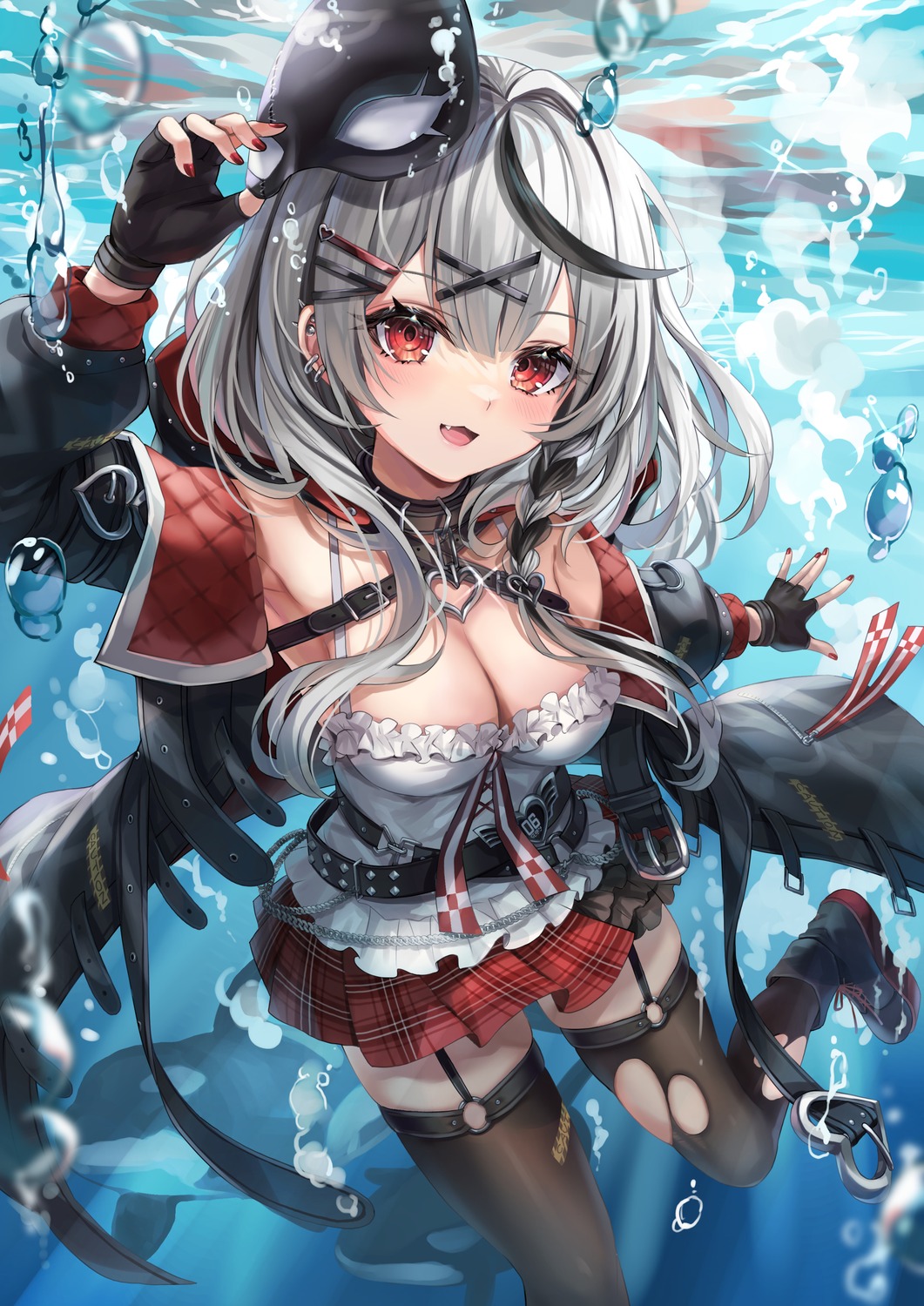 akami770 hololive no_bra sakamata_chloe stockings thighhighs torn_clothes wet