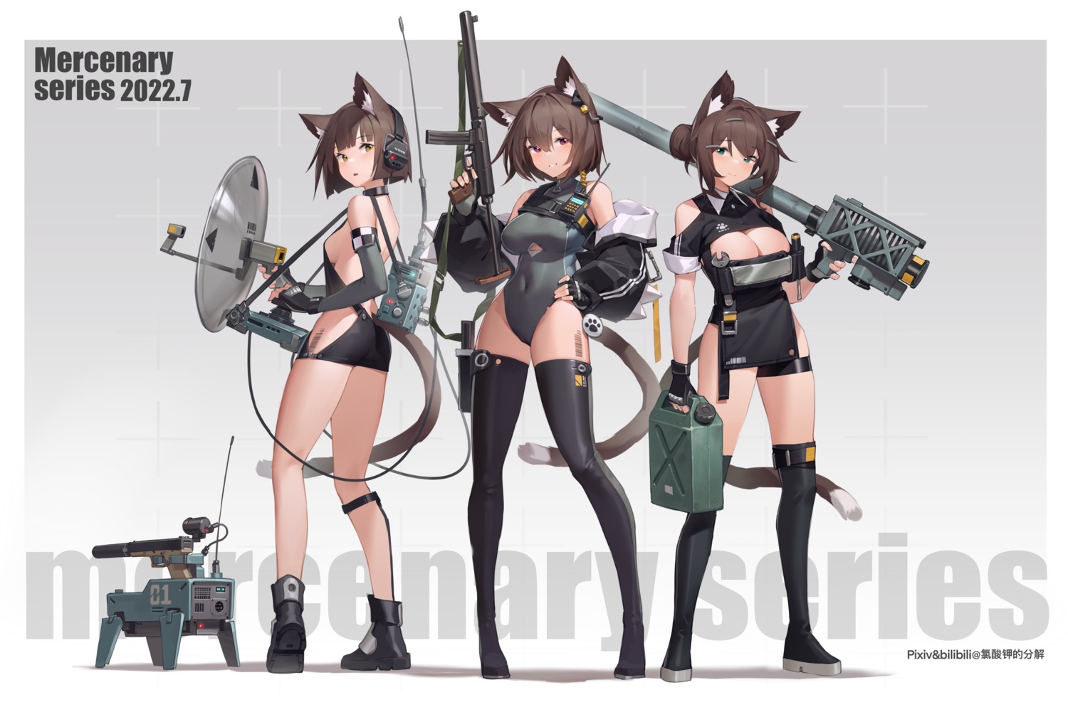 animal_ears ass bilibili_xiaolu garter gun headphones leotard nekomimi no_bra nopan tail tattoo thighhighs weapon