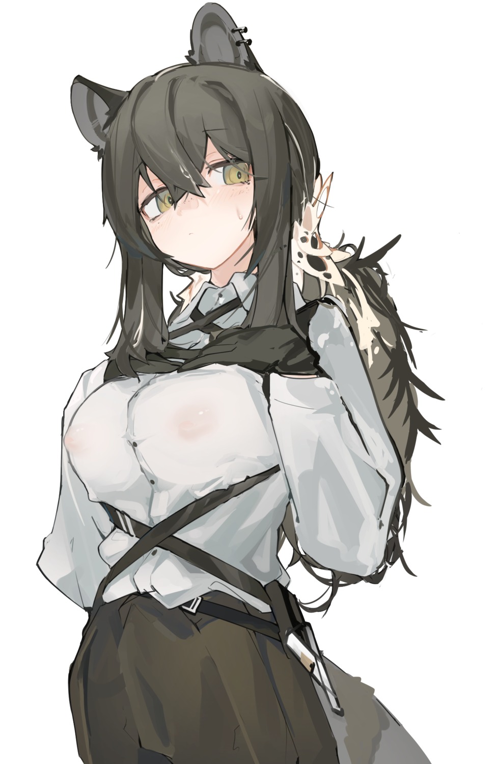 animal_ears arknights breast_hold mikojin nipples no_bra robin_(arknights) see_through