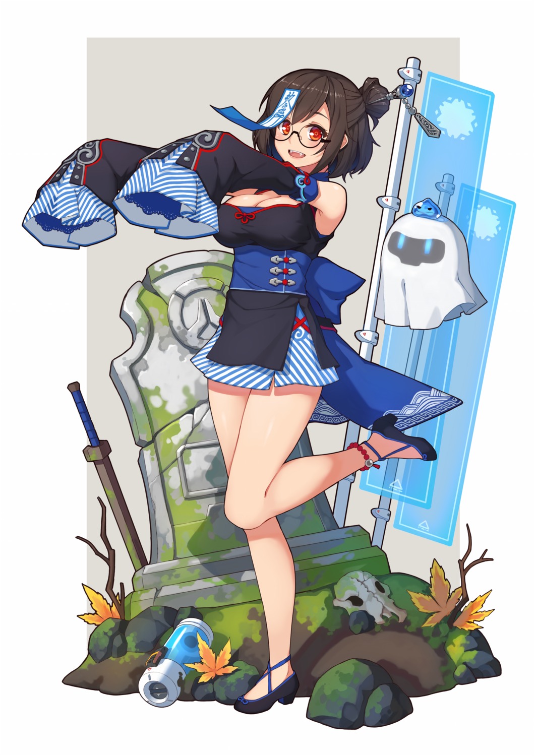 cleavage heels japanese_clothes megane mei_(overwatch) overwatch terras weapon