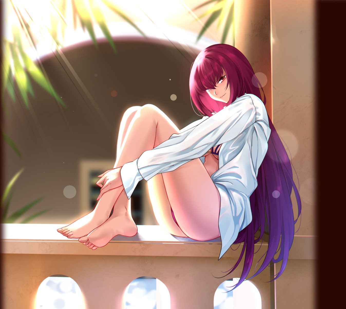 bra dress_shirt fate/grand_order open_shirt pantsu scathach_(fate/grand_order) shijie_jianfa thong