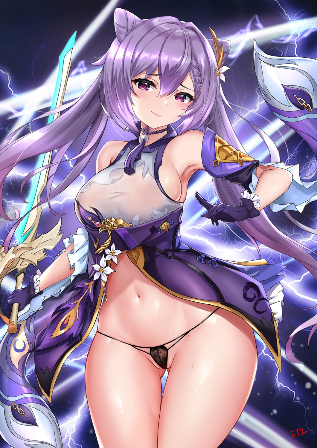 asian_clothes cyicheng genshin_impact keqing no_bra pantsu see_through sword thong