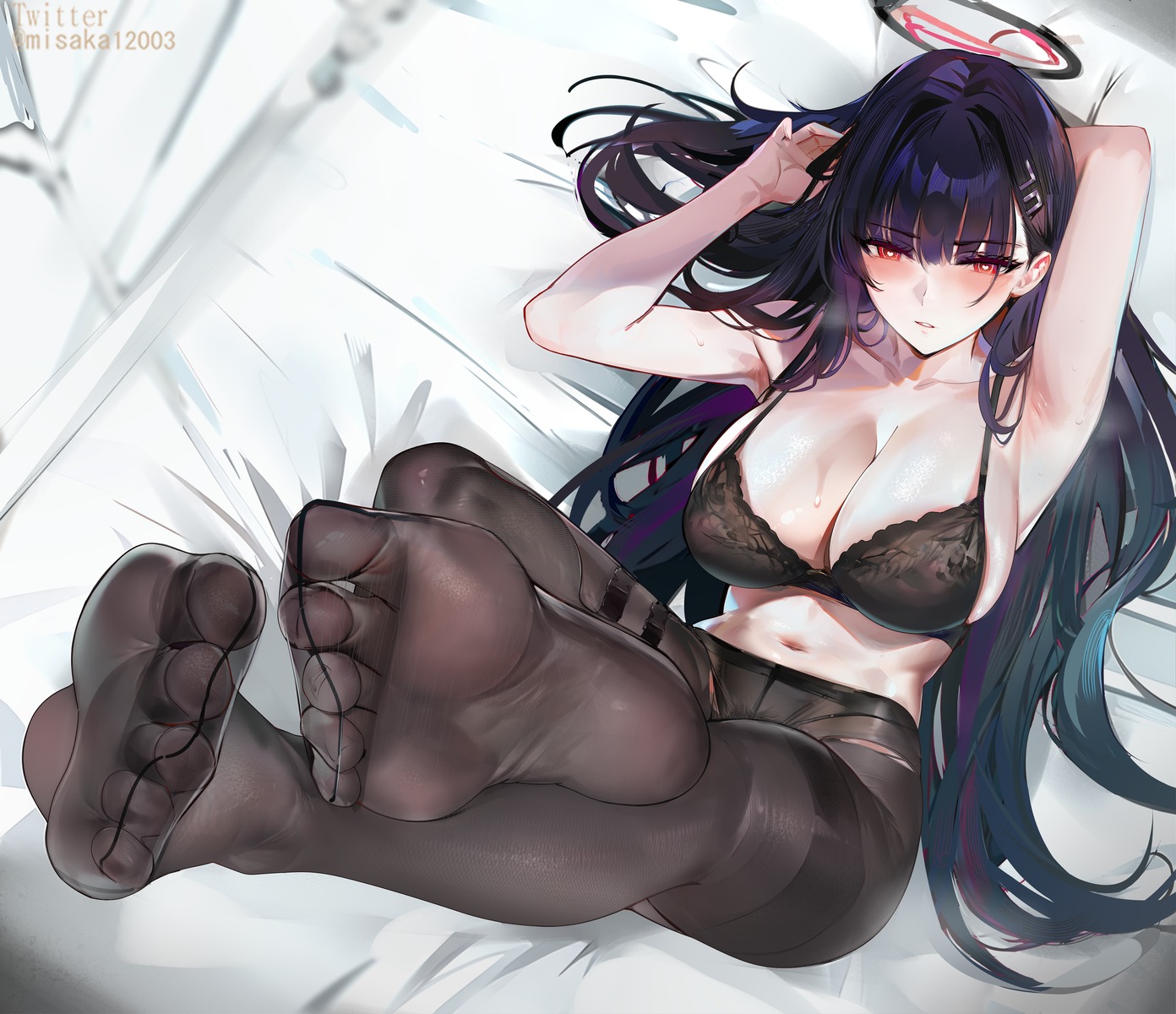 blue_archive bra feet halo misako pantsu pantyhose torn_clothes tsukatsuki_rio