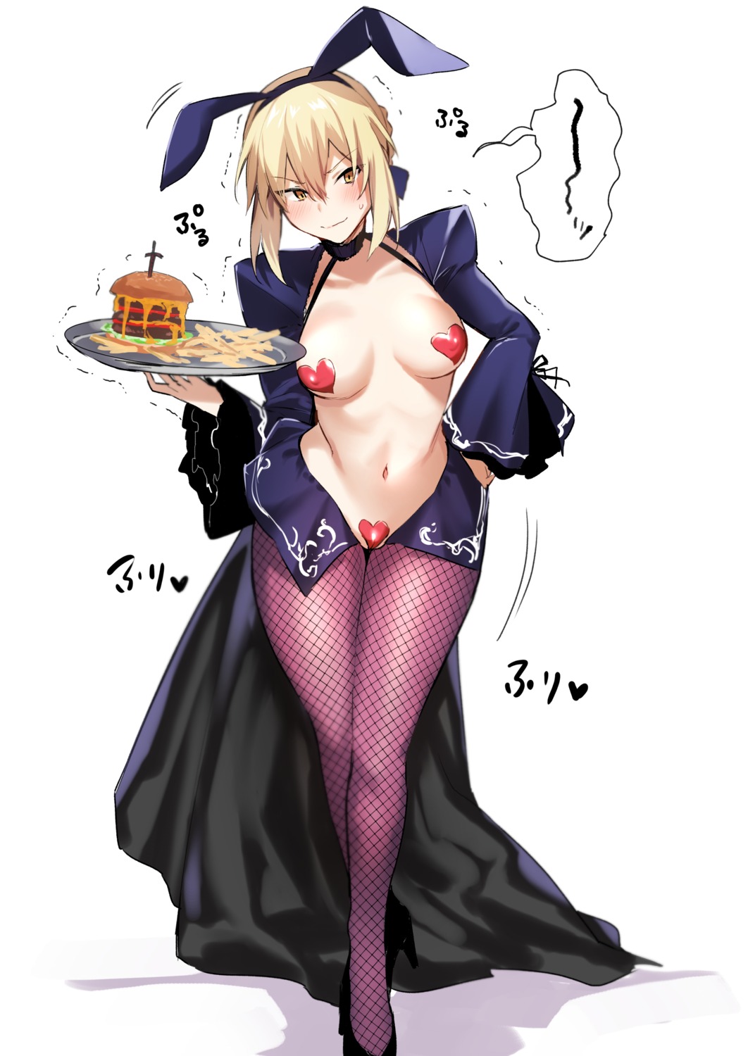 animal_ears breasts bunny_ears bunny_girl danimaru erect_nipples fate/grand_order fishnets maebari no_bra nopan pantyhose pasties saber saber_alter