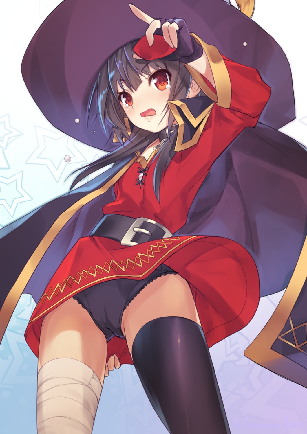 bandages dress kono_subarashii_sekai_ni_shukufuku_wo! megumin pantsu shinonome_tomo skirt_lift thighhighs witch