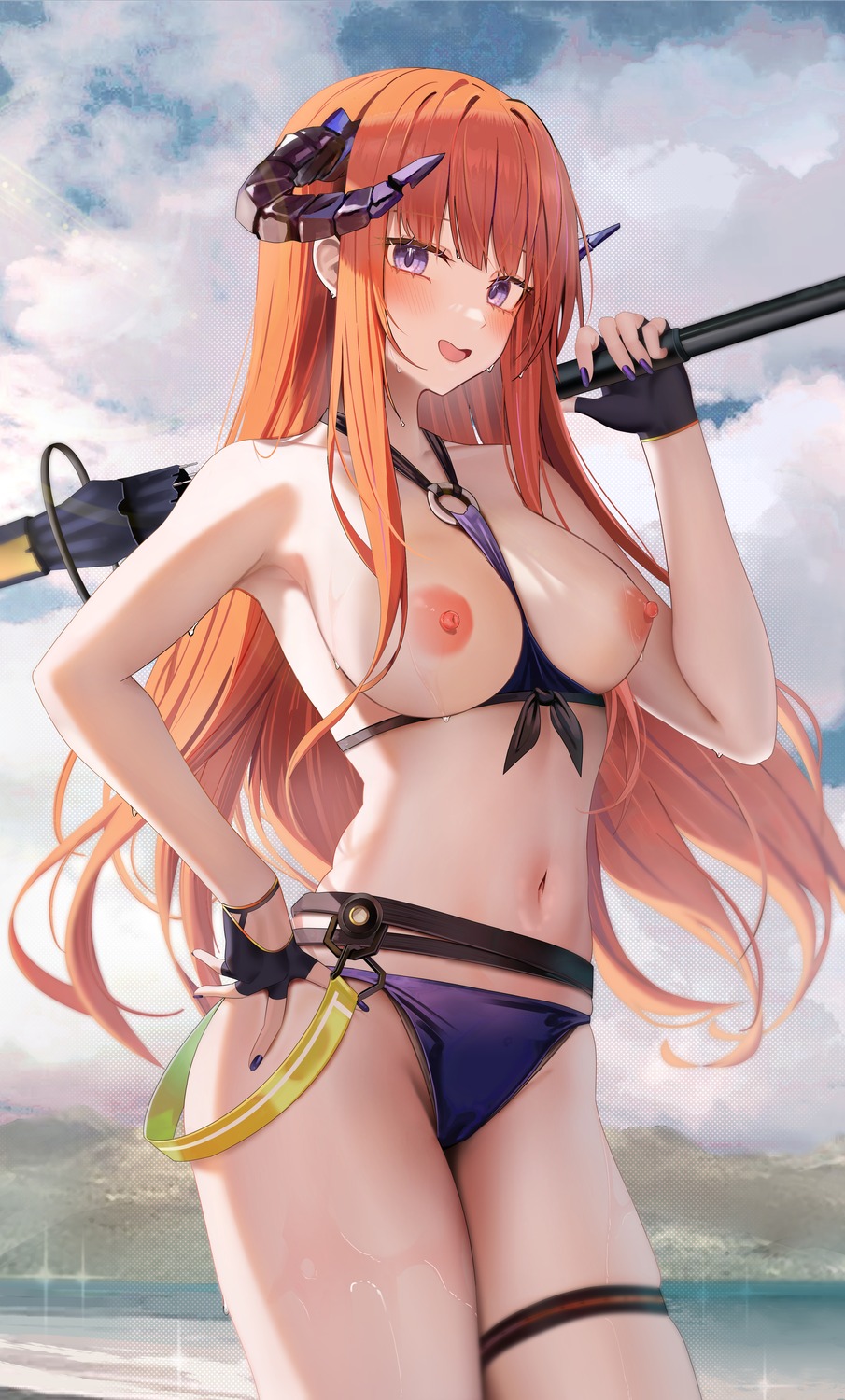 arknights bagpipe_(arknights) bikini breasts garter horns nipples ru_zhai swimsuits weapon