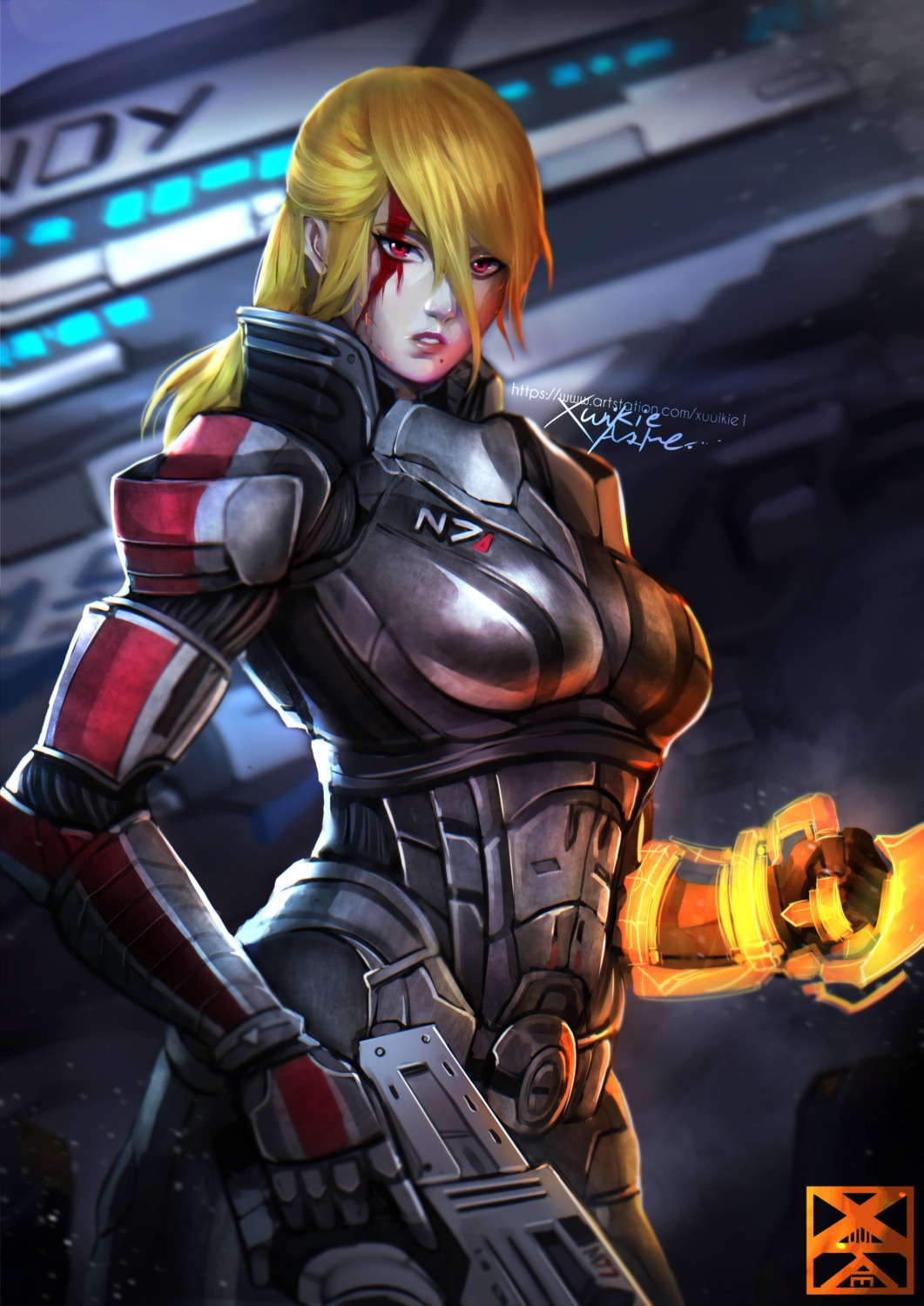 blood bodysuit commander_shepard_(female) cosplay gun mass_effect metroid samus_aran xuuikie_ashe