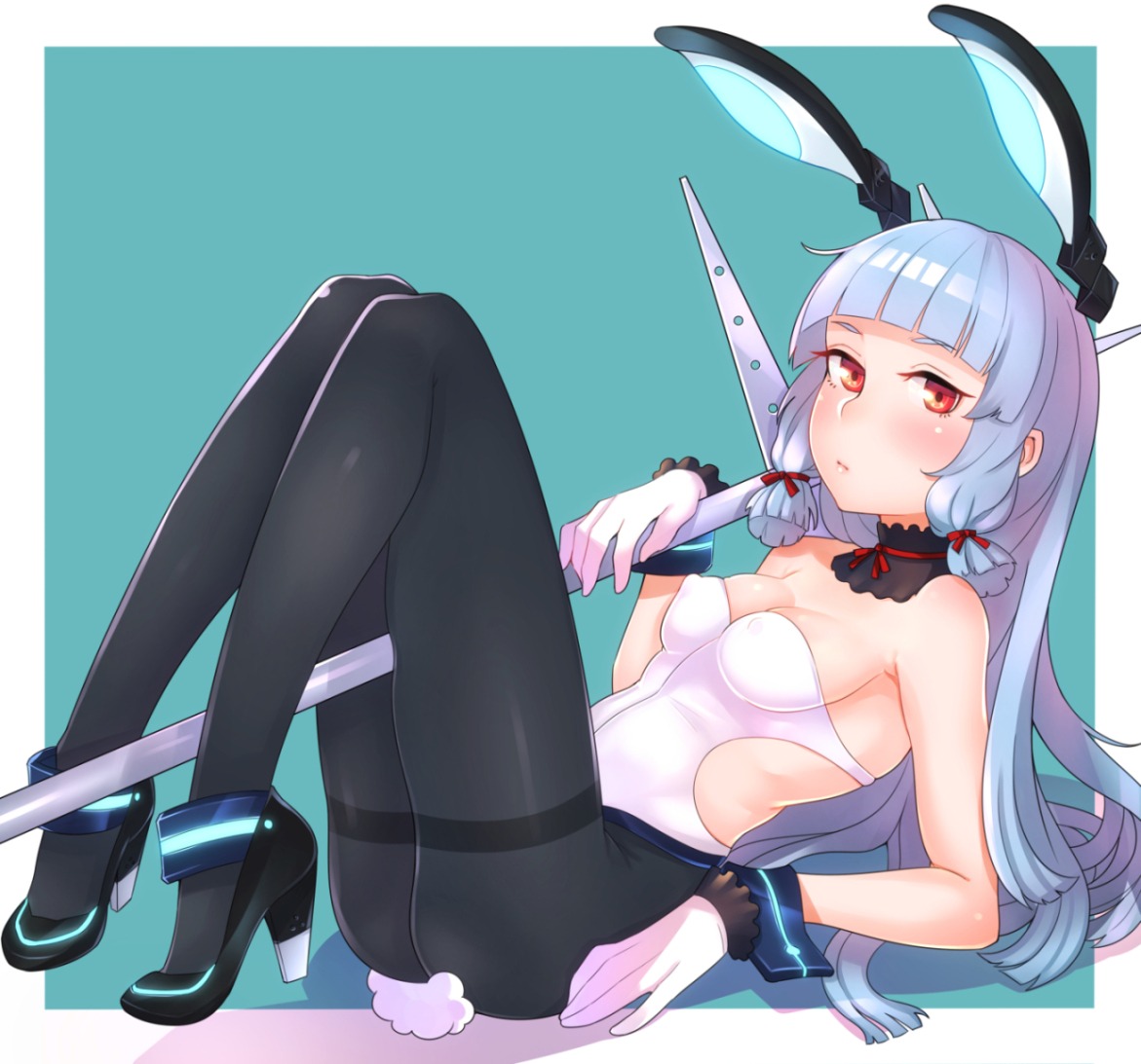 animal_ears bunny_girl cleavage erect_nipples heels kantai_collection kyuuso_inukami murakumo_(kancolle) no_bra pantyhose tail