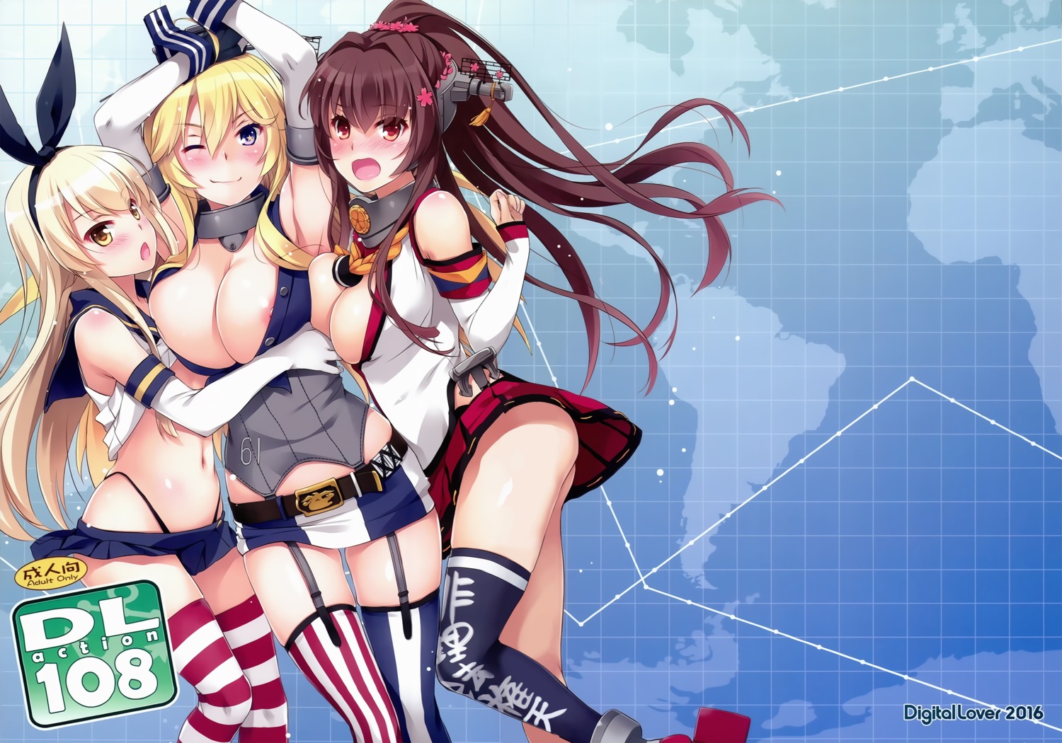 areola cleavage digital_lover iowa_(kancolle) kantai_collection nakajima_yuka nipple_slip no_bra open_shirt shimakaze_(kancolle) shirt_lift stockings thighhighs thong yamato_(kancolle)