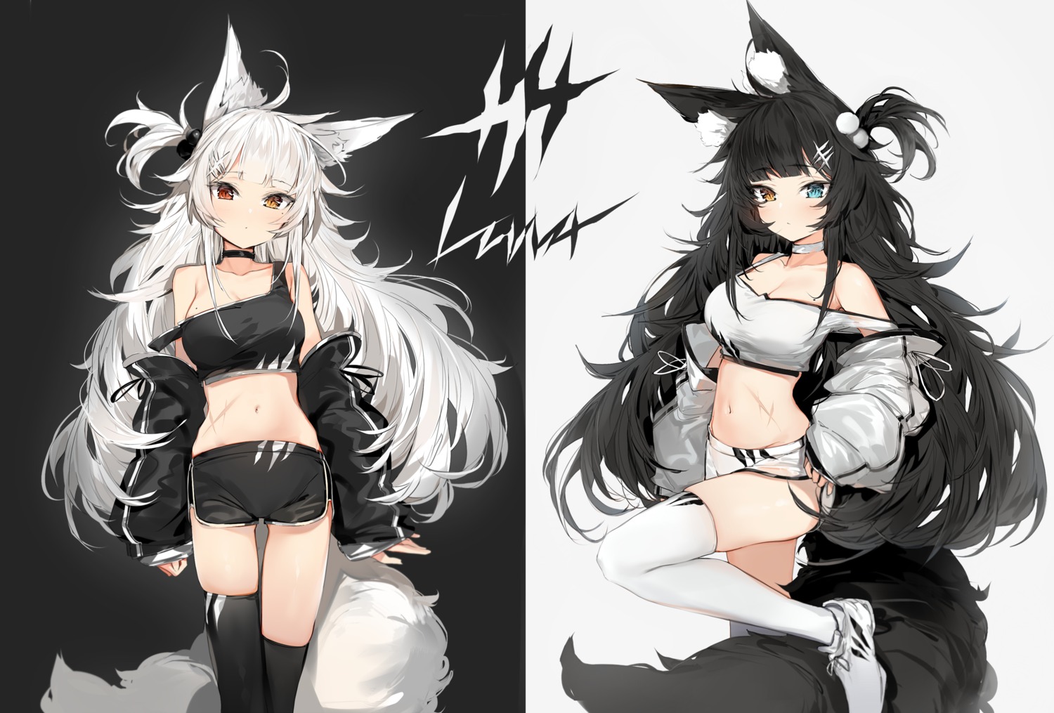 animal_ears cleavage heterochromia silver_(chenwen) tail thighhighs