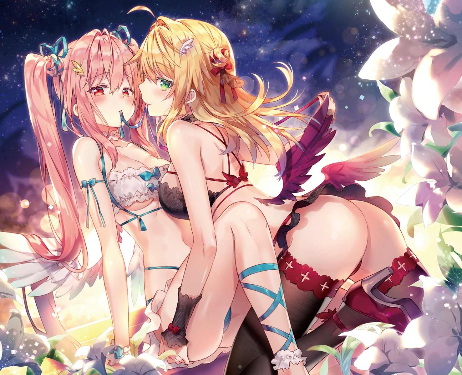 ass bikini bra heels olivier_(riichu) pantsu rianastia_fluegel riichu skirt_lift swimsuits thighhighs thong wings yuri