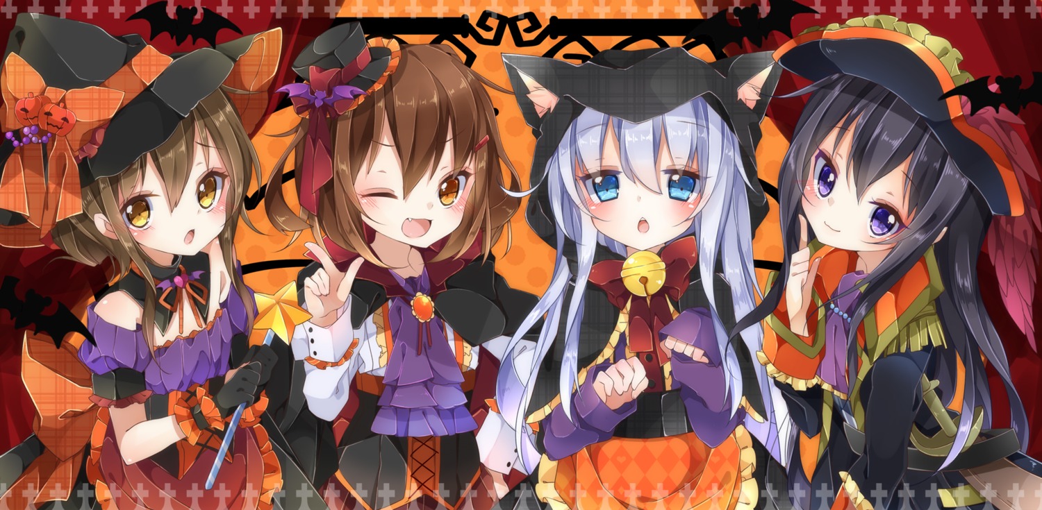 akatsuki_(kancolle) animal_ears halloween hibiki_(kancolle) hitokage ikazuchi_(kancolle) inazuma_(kancolle) kantai_collection nekomimi witch
