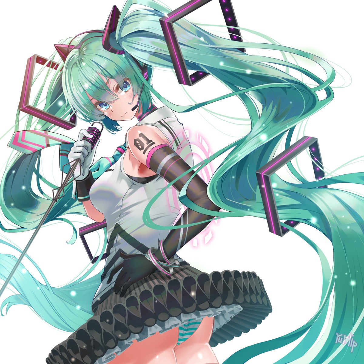 ass hatsune_miku headphones pantsu rur_(ml_ruru) shimapan skirt_lift tattoo thong vocaloid