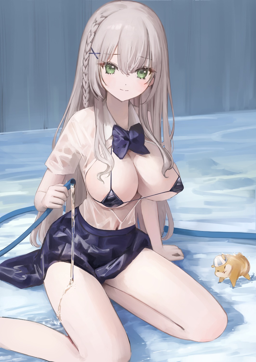 anouetto bikini hololive open_shirt see_through seifuku shirogane_noel swimsuits wet wet_clothes