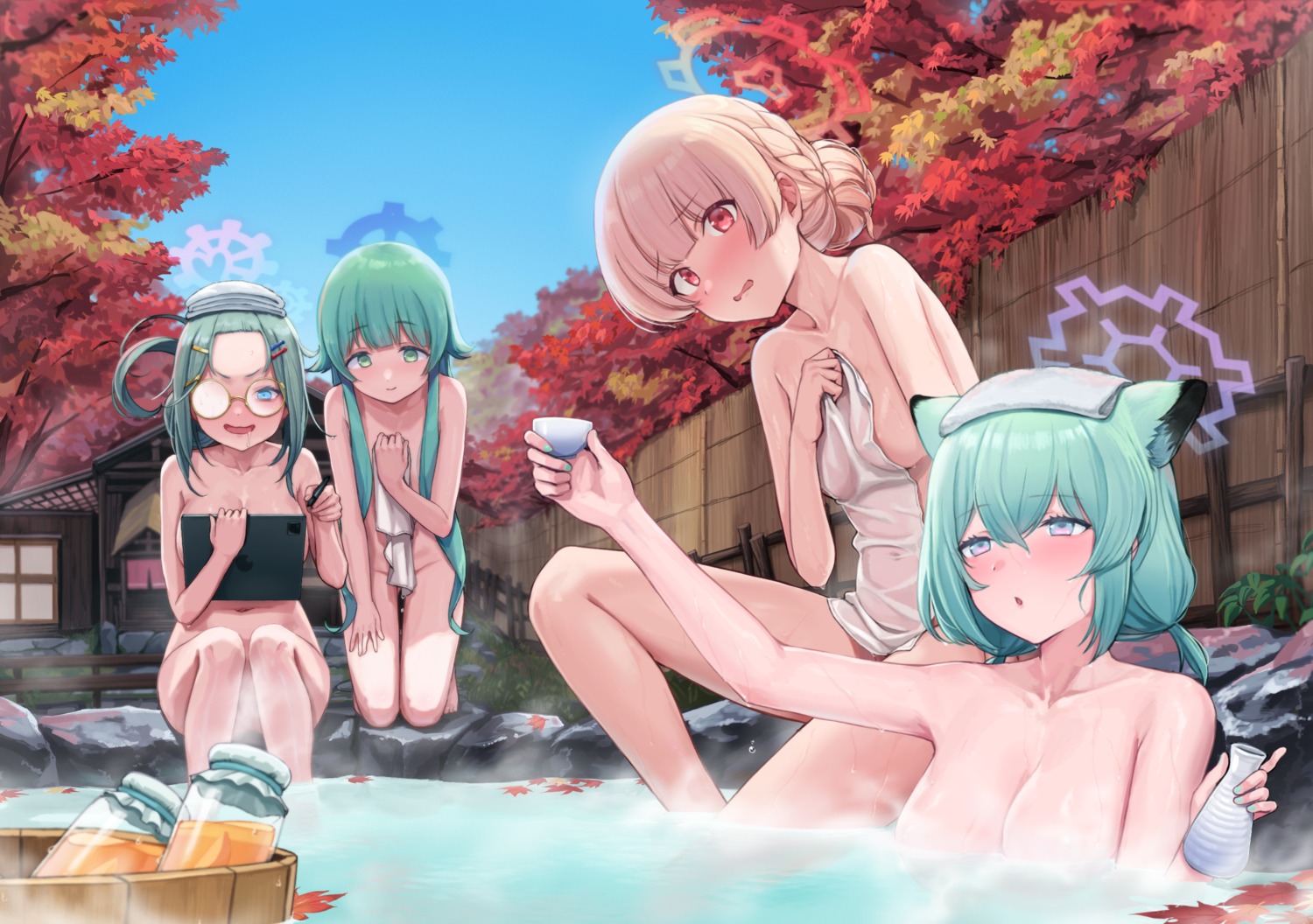 akiizumi_momiji amami_nodoka animal_ears bathing blue_archive censored halo himeki_meru kuro_(zhurunbo1997) loli mayoi_shigure megane naked onsen sake topless towel wet