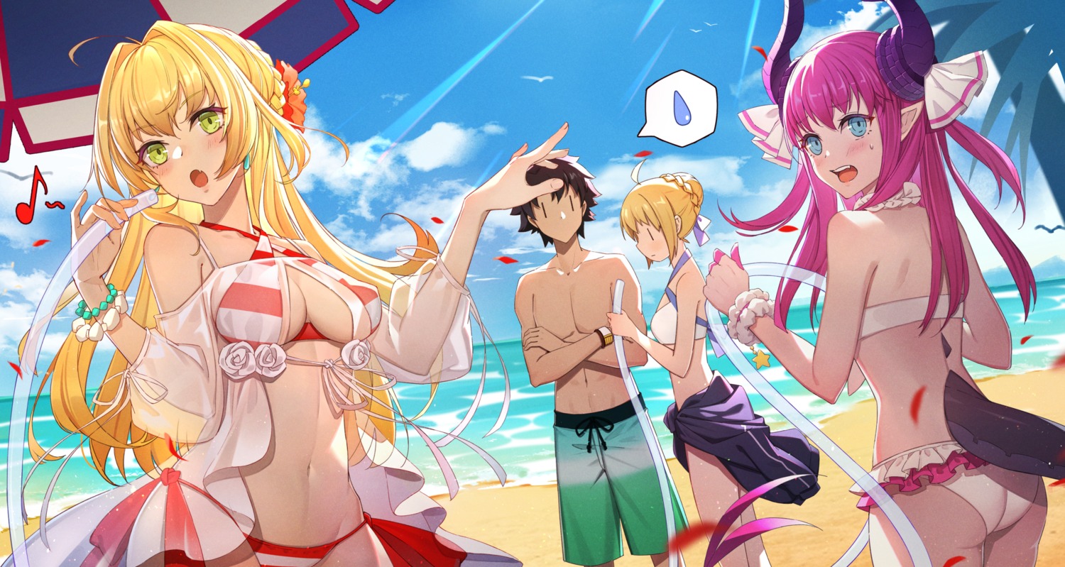 ass bikini bubble1995 elizabeth_bathory fate/grand_order fujimaru_ritsuka_(male) horns open_shirt pointy_ears saber saber_extra see_through swimsuits tail