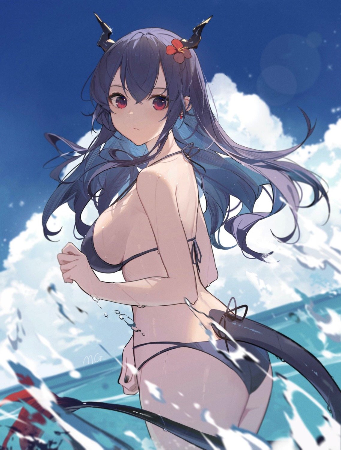 arknights ass bikini ch'en_(arknights) horns mongarit swimsuits tail wet