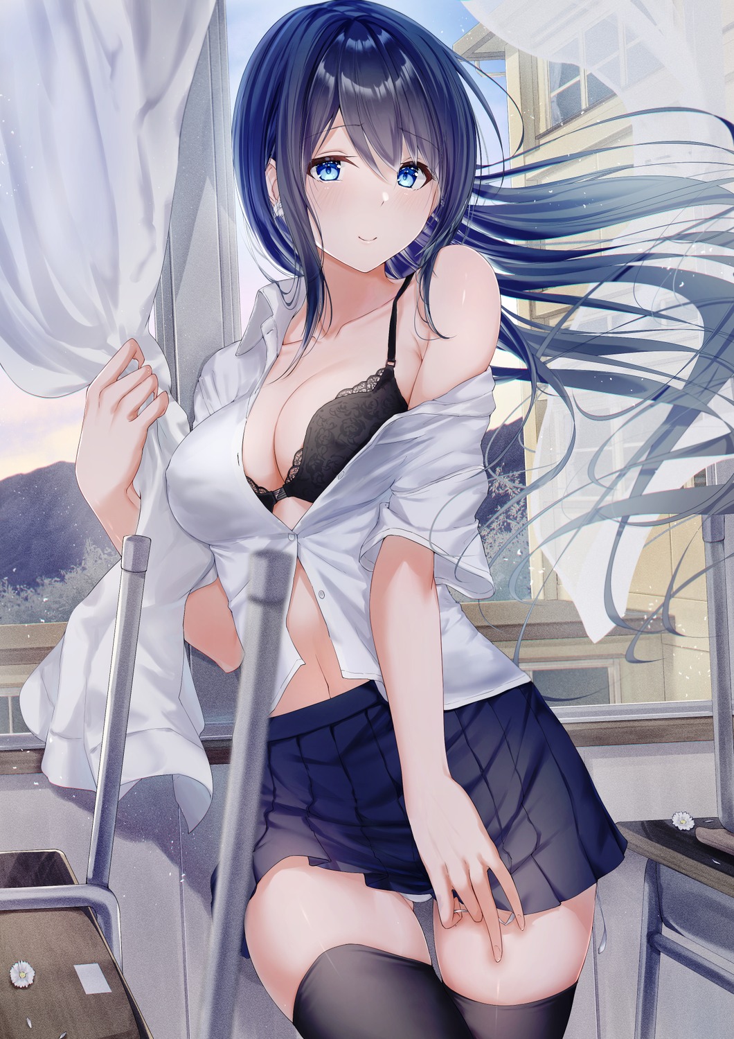 bra meen_(ouaughikepdvrsf) open_shirt pantsu seifuku thighhighs