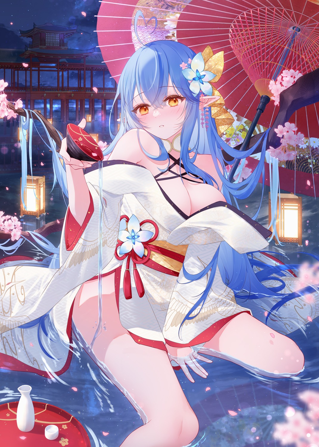 hololive japanese_clothes no_bra open_shirt pointy_ears umbrella viqusnow wet yukihana_lamy