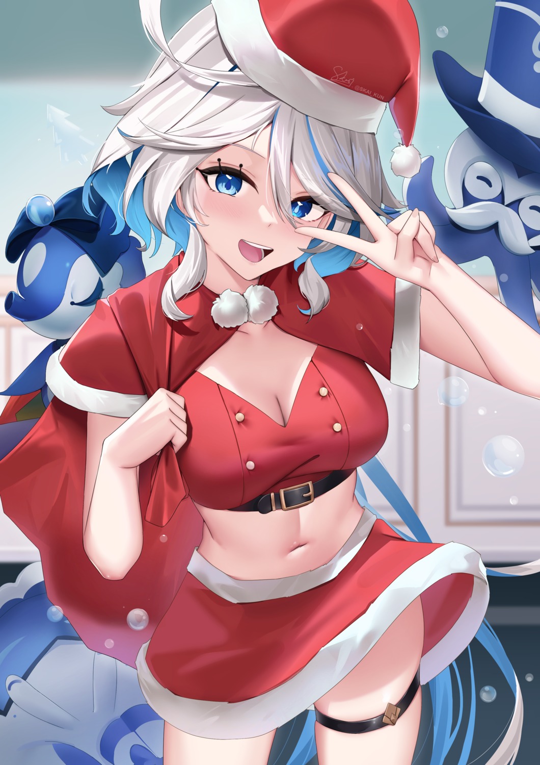 christmas cleavage furina garter genshin_impact heterochromia skai_kun skirt_lift