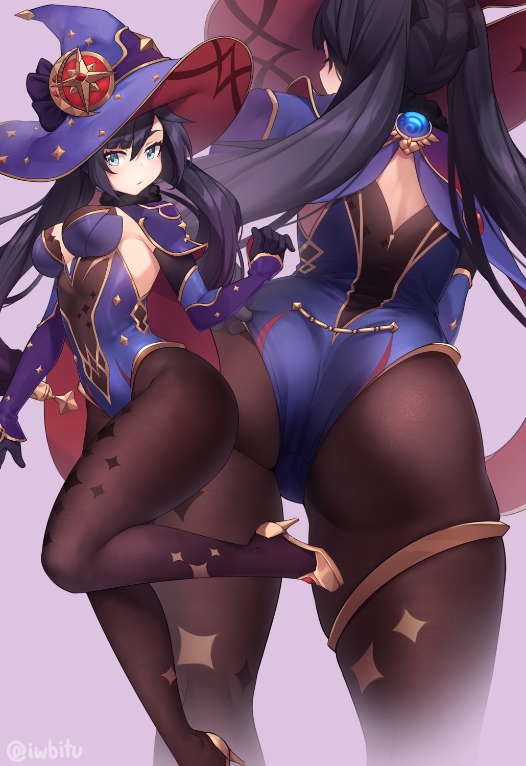 ass garter genshin_impact heels iwbitu-sa leotard mona_megistus no_bra pantyhose witch