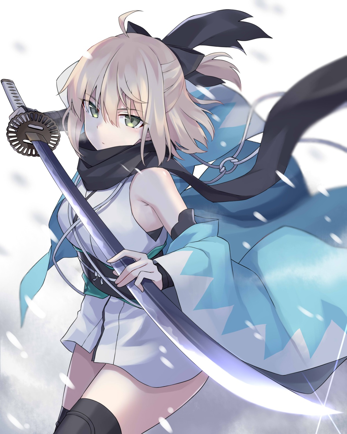 100percent fate/grand_order japanese_clothes okita_souji_(fate) sword thighhighs