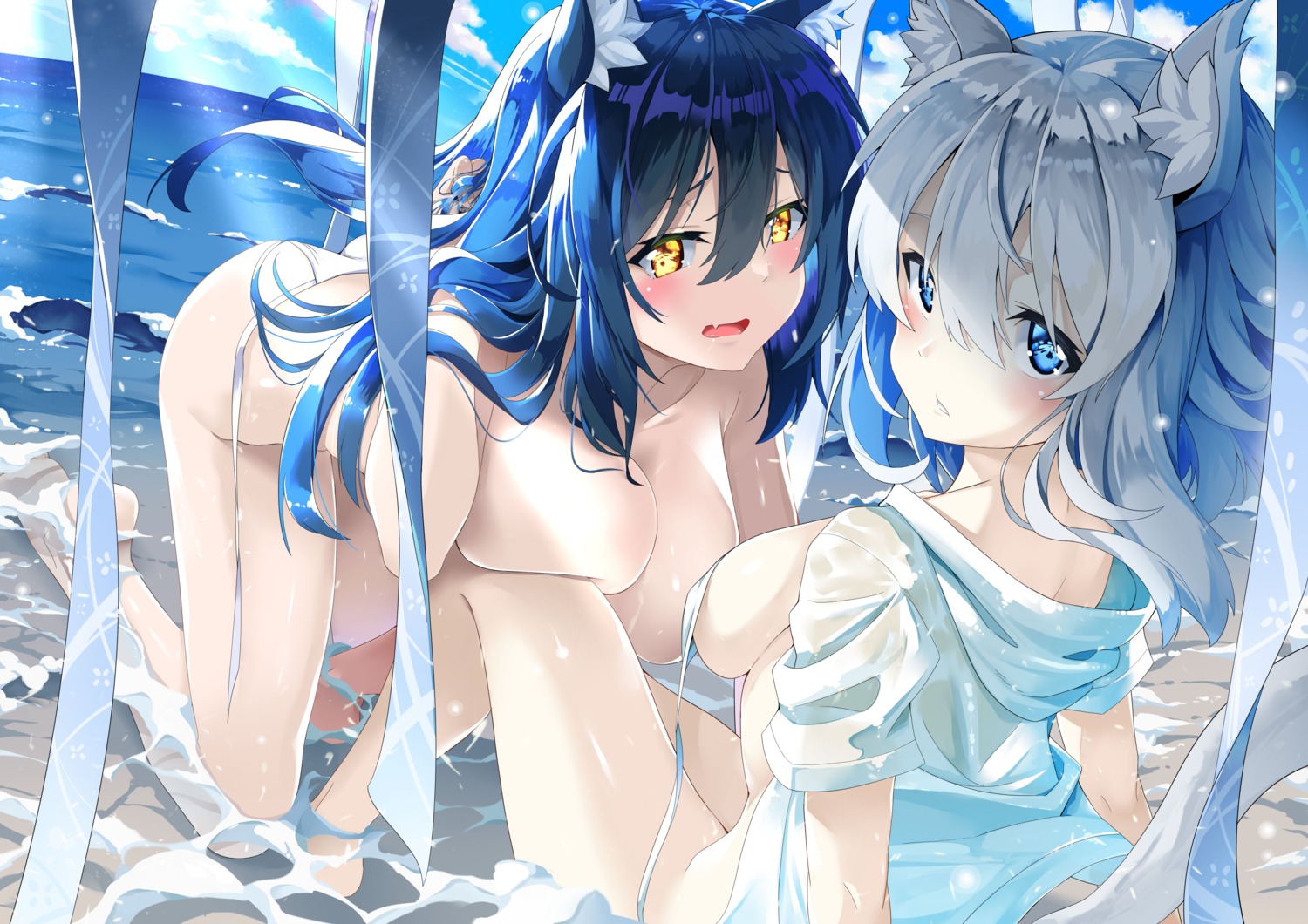 animal_ears bikini bikini_top bottomless jie_laite open_shirt see_through swimsuits tail topless wardrobe_malfunction wet wet_clothes yuri