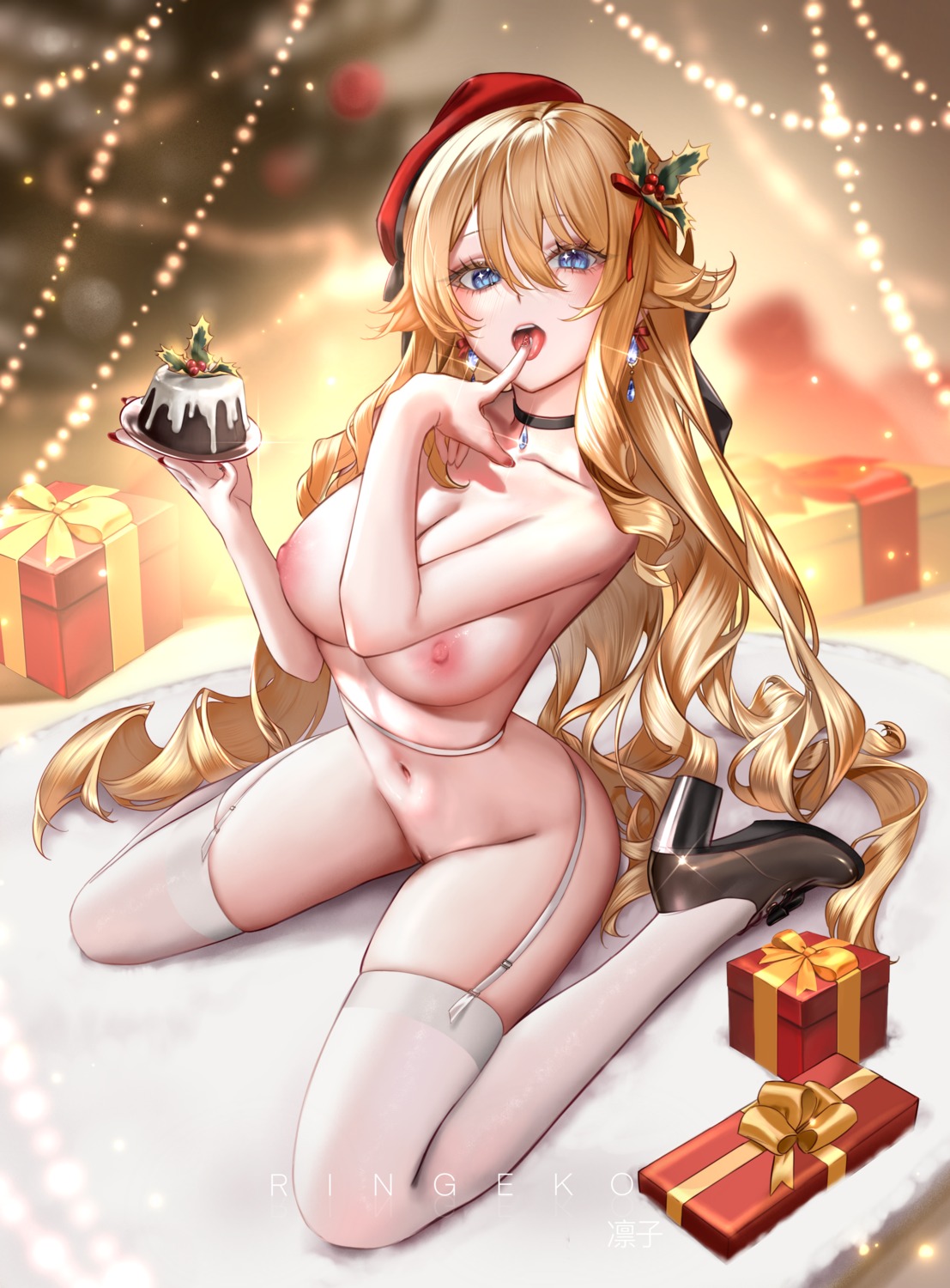 christmas genshin_impact heels naked navia nipples pussy ringeko-chan stockings thighhighs uncensored