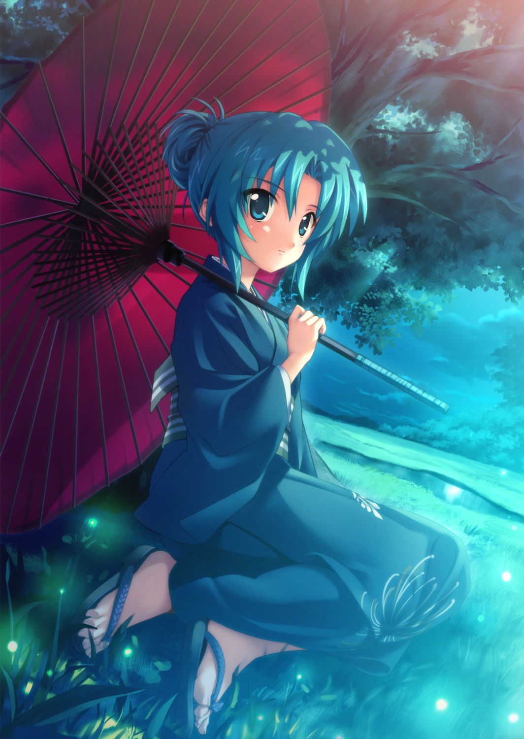 ekusa_takahito higurashi_no_naku_koro_ni kimono sonozaki_akane sonozaki_mion umbrella