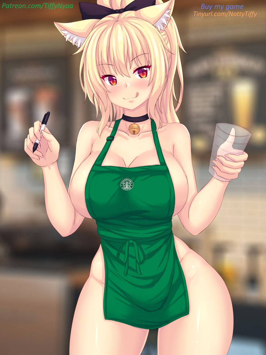 animal_ears fast-runner-2024 naked_apron nekomimi no_bra nopan starbucks tiffy