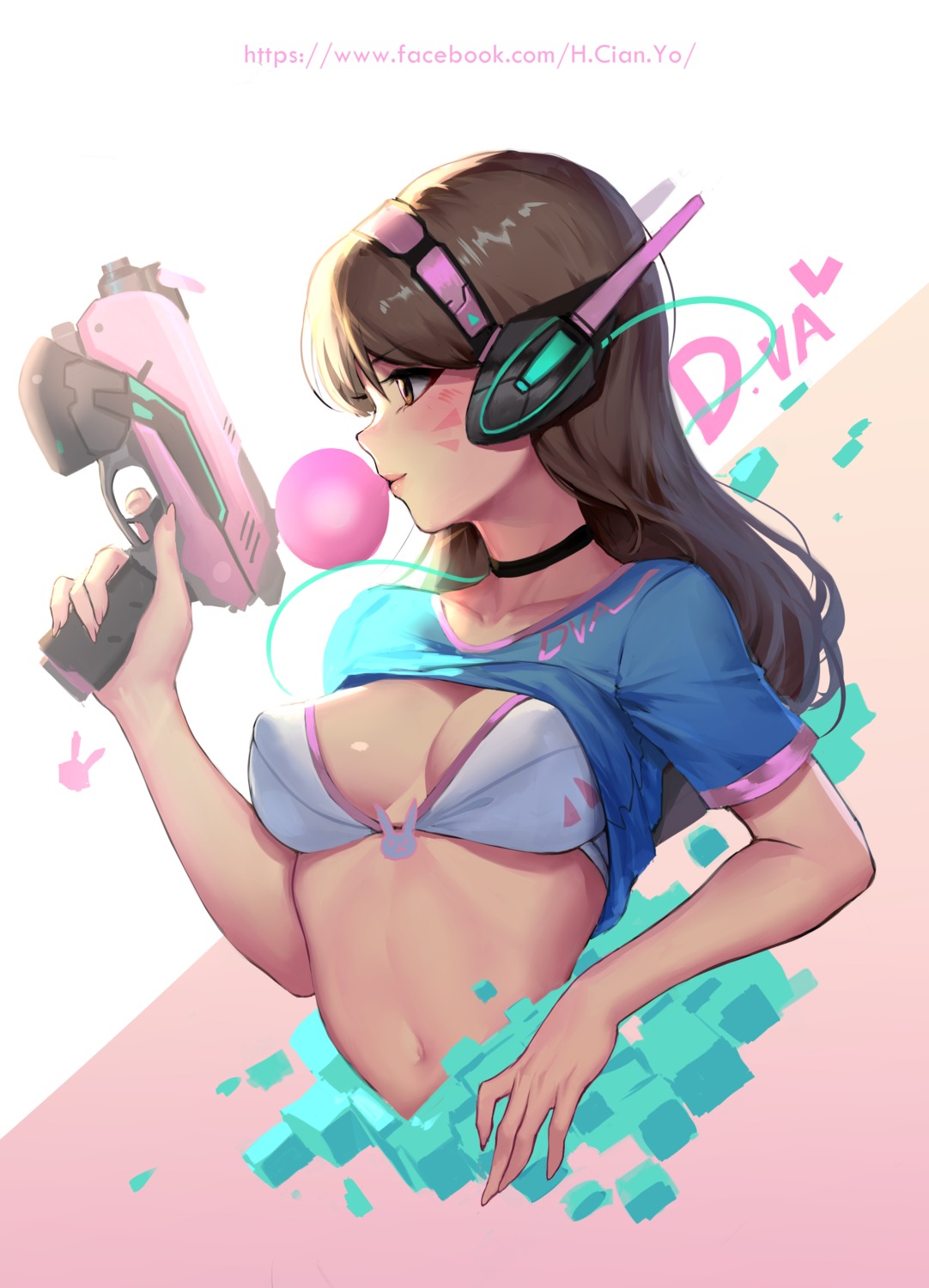 bikini_top cianyo cleavage d.va gun headphones overwatch shirt_lift swimsuits