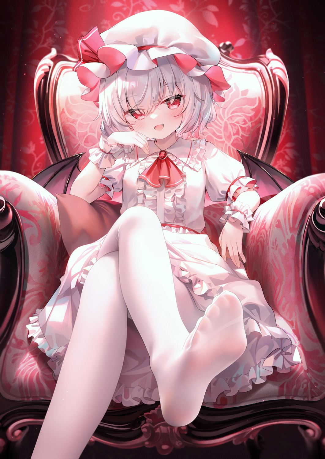 chen_bin feet gothic_lolita lolita_fashion pantyhose remilia_scarlet see_through touhou wings