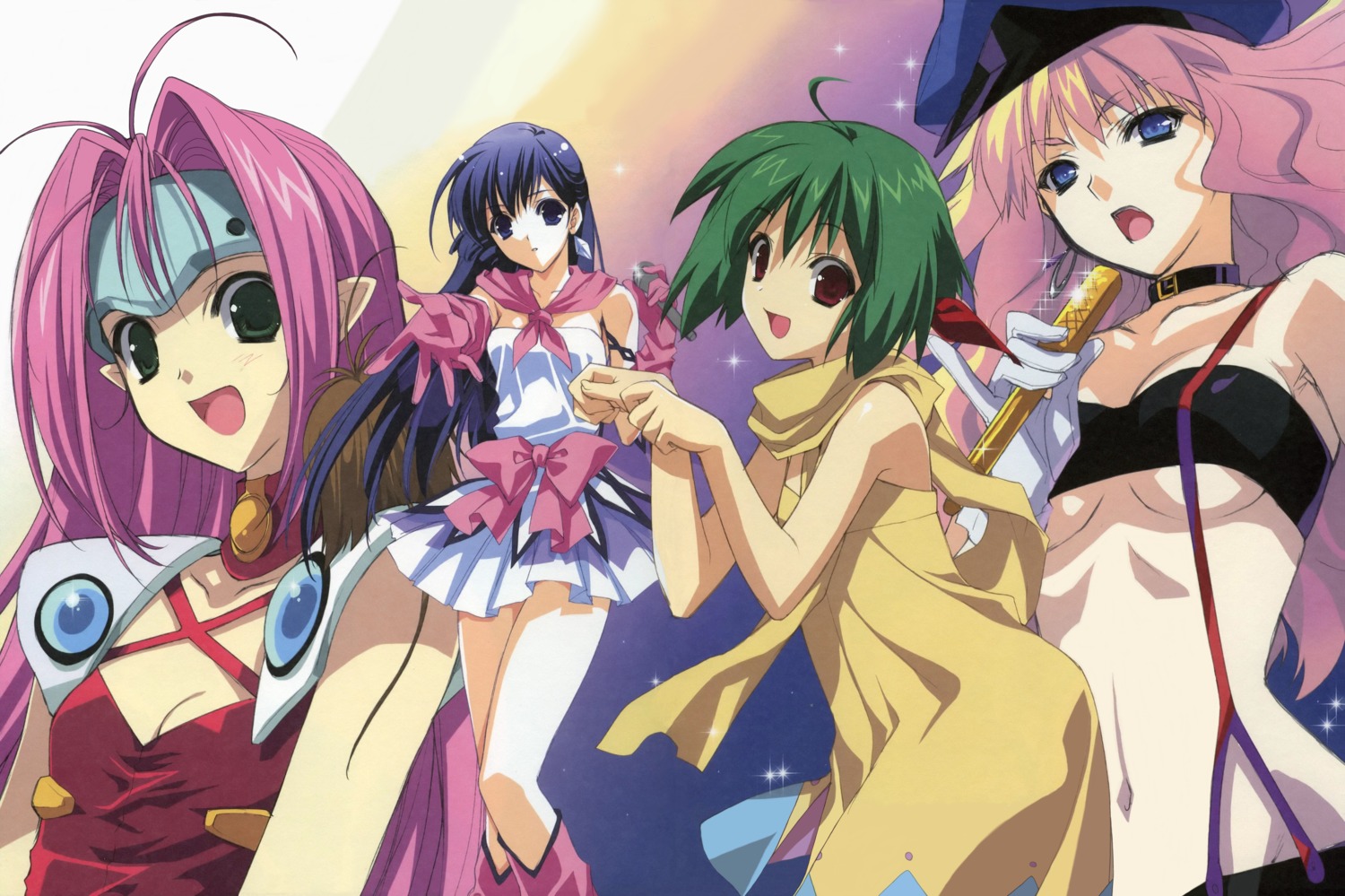 armor cleavage crossover dress fixed lynn_minmay macross macross_7 macross_frontier mylene_flare_jenius pointy_ears ranka_lee sheryl_nome suzuhira_hiro underboob