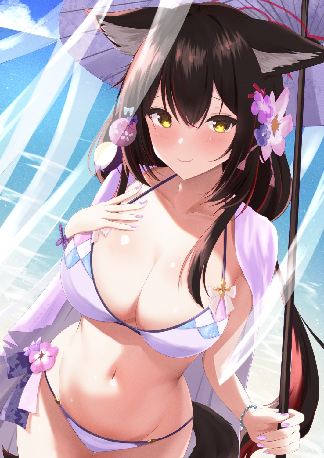 animal_ears bikini blue_archive halo kitsune kosaka_wakamo miyakoshin053 swimsuits tail umbrella